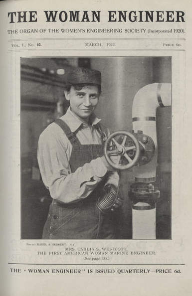 Mrs Westcott, marine engineer, on the cover of The Woman Engineer journal, March 1922.jpg