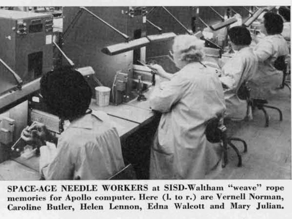 Space-age needle workers in a Raytheon newsletter